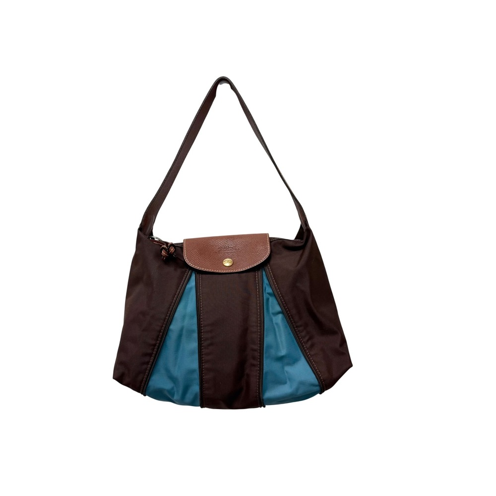 Longchamp Le Pliage Expandable Hobo Bag Brown Teal Nylon Leather Trim Shoulder